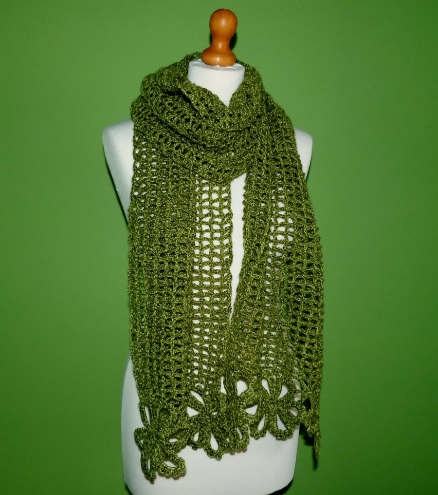 Scarf in Crochet Flower and Mesh Design.Double Knitting Scarf in Greens