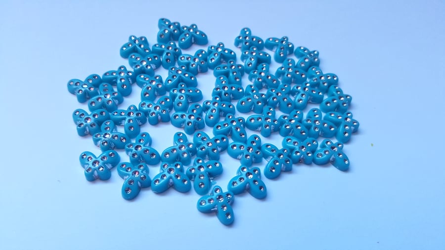 50 x Acrylic Flatback Cabochons - Metal Enlaced - Butterfly - 11mm - Bright Blue