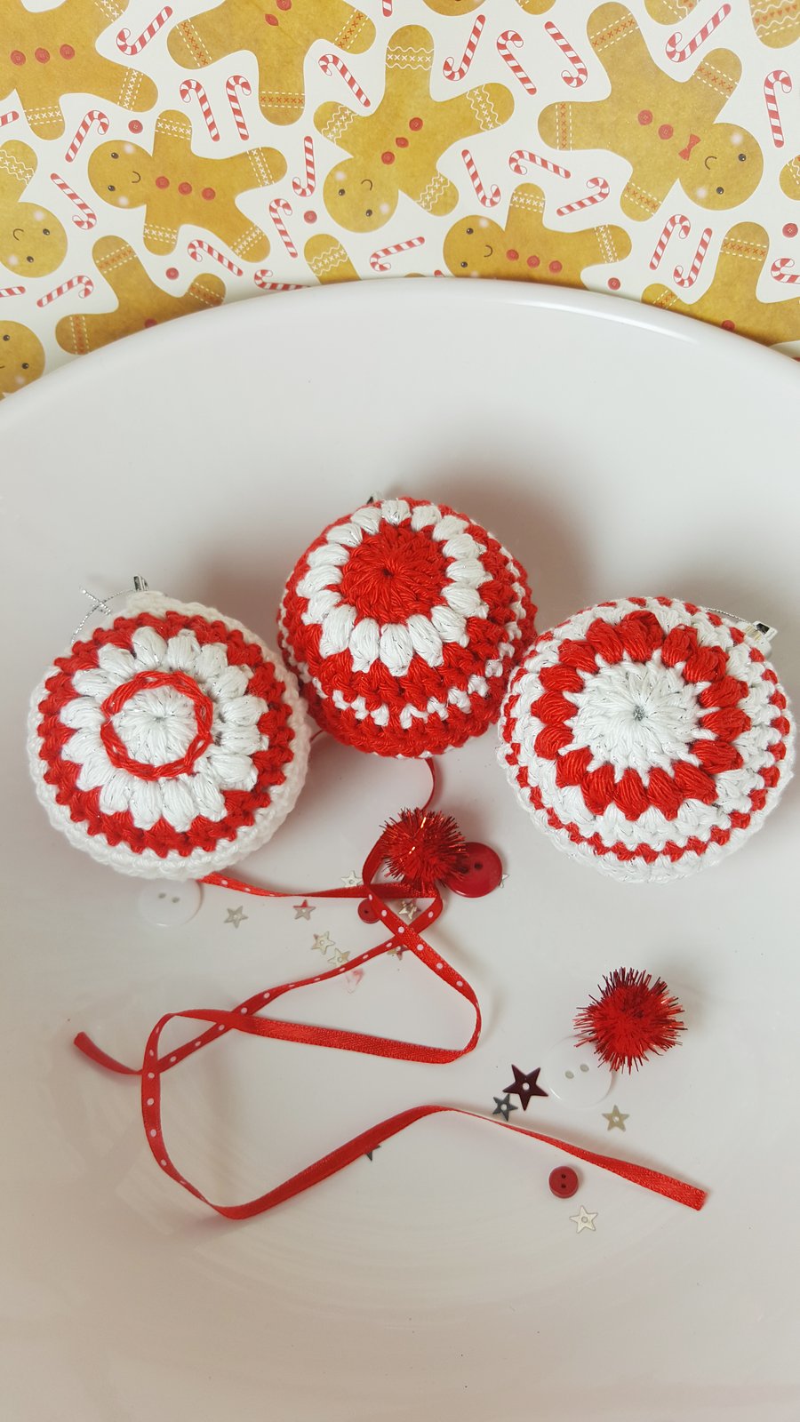 3 Crochet Christmas Baubles (Traditional Red)