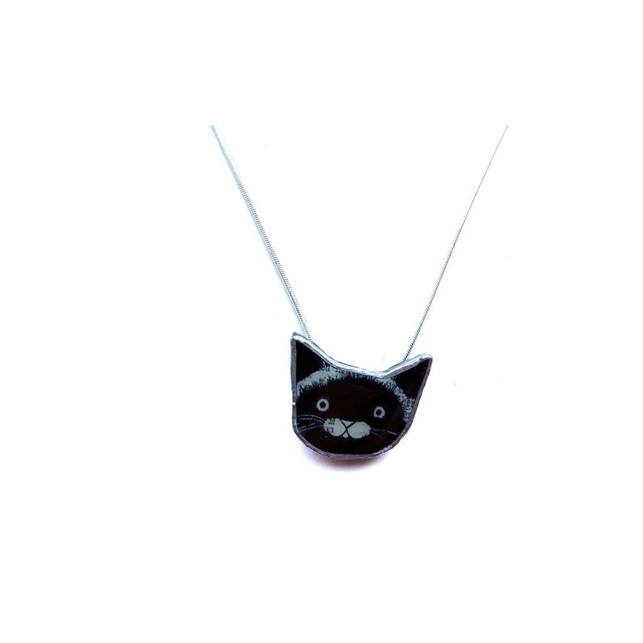 Whimsical Little Black Cat Head resin Necklace by EllyMental Jewellery