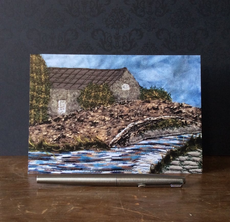 Embroidered Industrial Landscape Blank Card. 