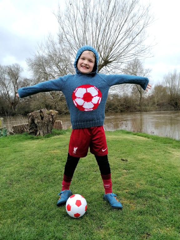 Knitting pattern for boys and girls Football Hoodie, 2-12 years