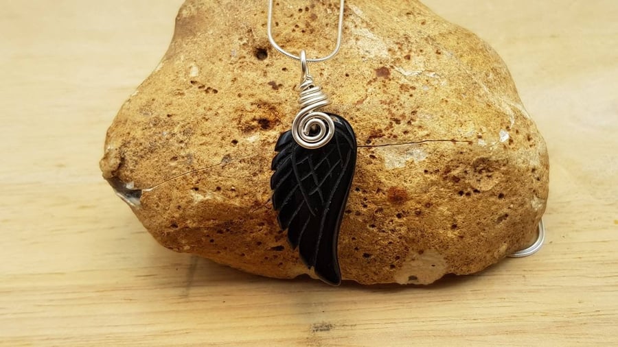 Black Obsidian angel wing pendant. Reiki jewelry uk