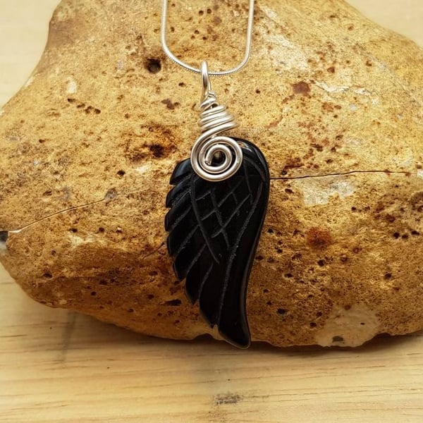 Black Obsidian angel wing pendant. Reiki jewelry uk