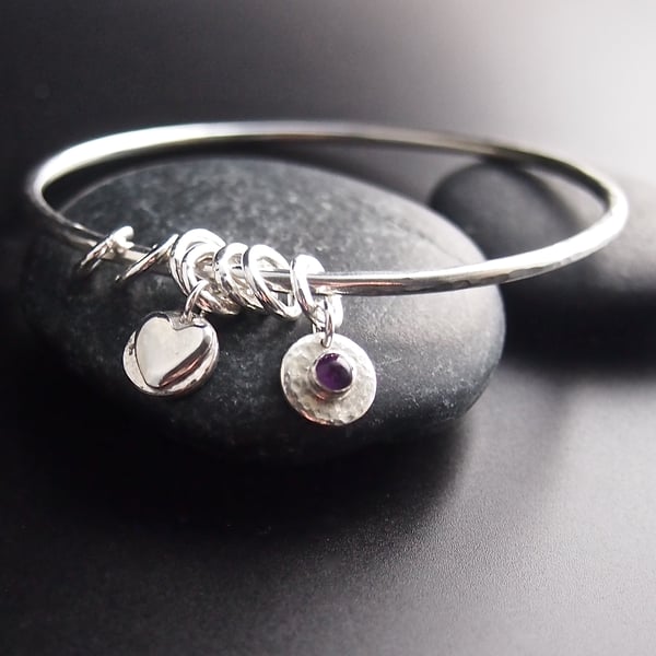 Sterling Silver Bangle with Heart Charms and Amethyst