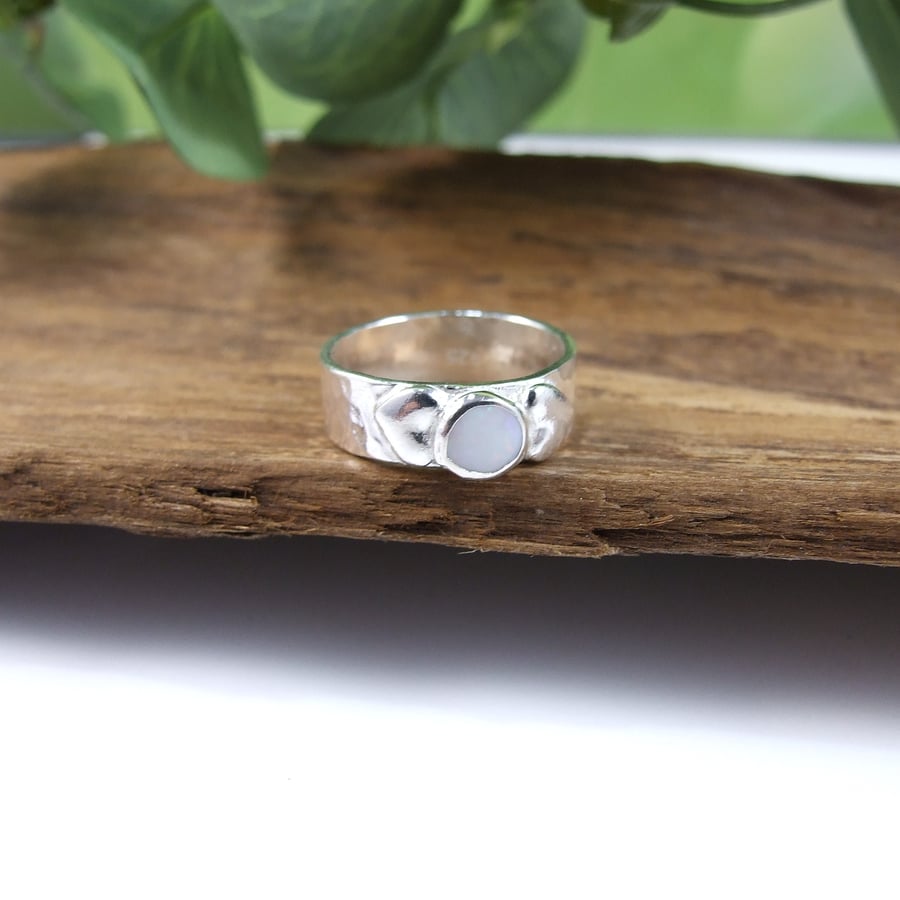 SECONDS SUNDAY - Sterling Silver and Opal Ring. UK Size M. Wide Band with Hearts