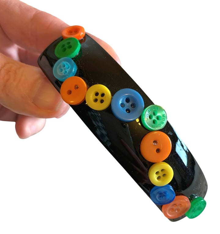 Black Rectangle Barrette Hair Clip with Green Orange Blue and Yellow Buttons