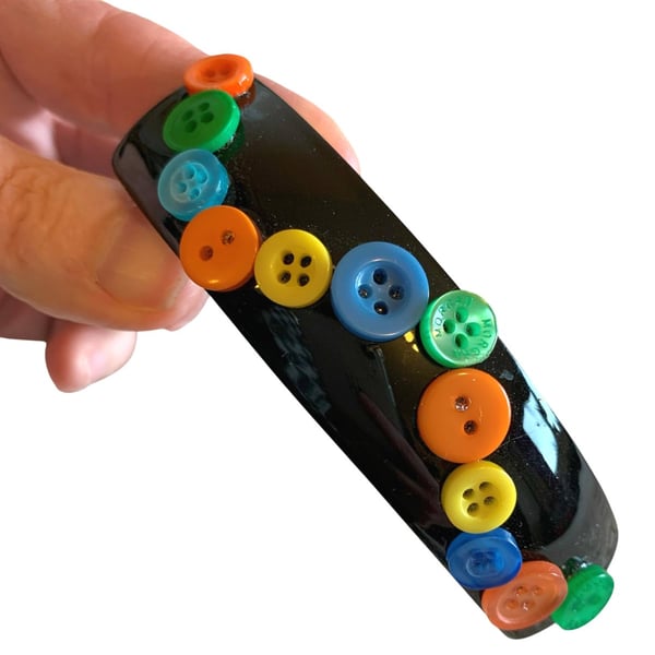 Black Rectangle Barrette Hair Clip with Green Orange Blue and Yellow Buttons
