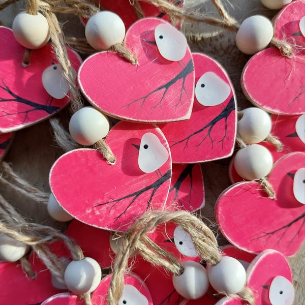 Sea Glass Bird Hanging Decoration - Pink Bird Wooden Ornament Heart, Gift Tag