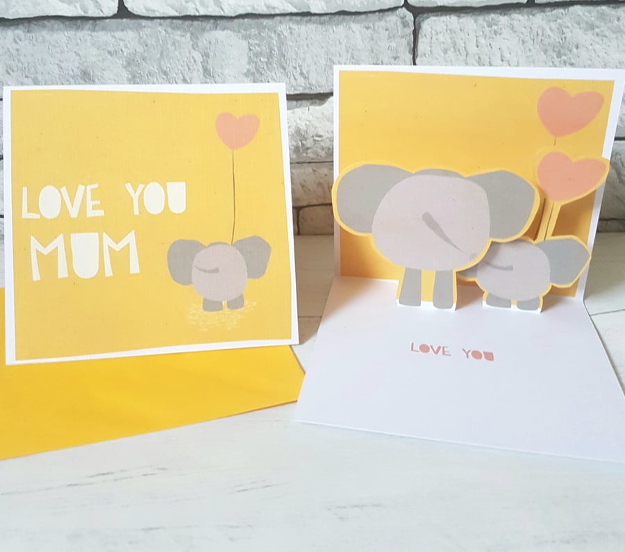 Mother's Day Card, Elephant popup card, Love You Mum Card, 