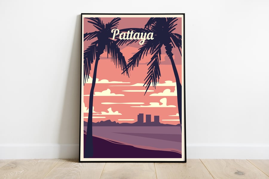 Pattaya retro travel poster, Pattaya print, Thailand travel poster