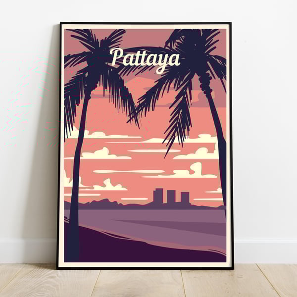Pattaya retro travel poster, Pattaya print, Thailand travel poster
