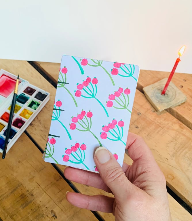 A7 Watercolour Pocket Sketchbook, Hand printed & Coptic Bound. Winter Berries.