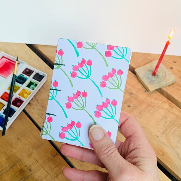 A7 Watercolour Pocket Sketchbook, Hand printed & Coptic Bound. Winter Berries.