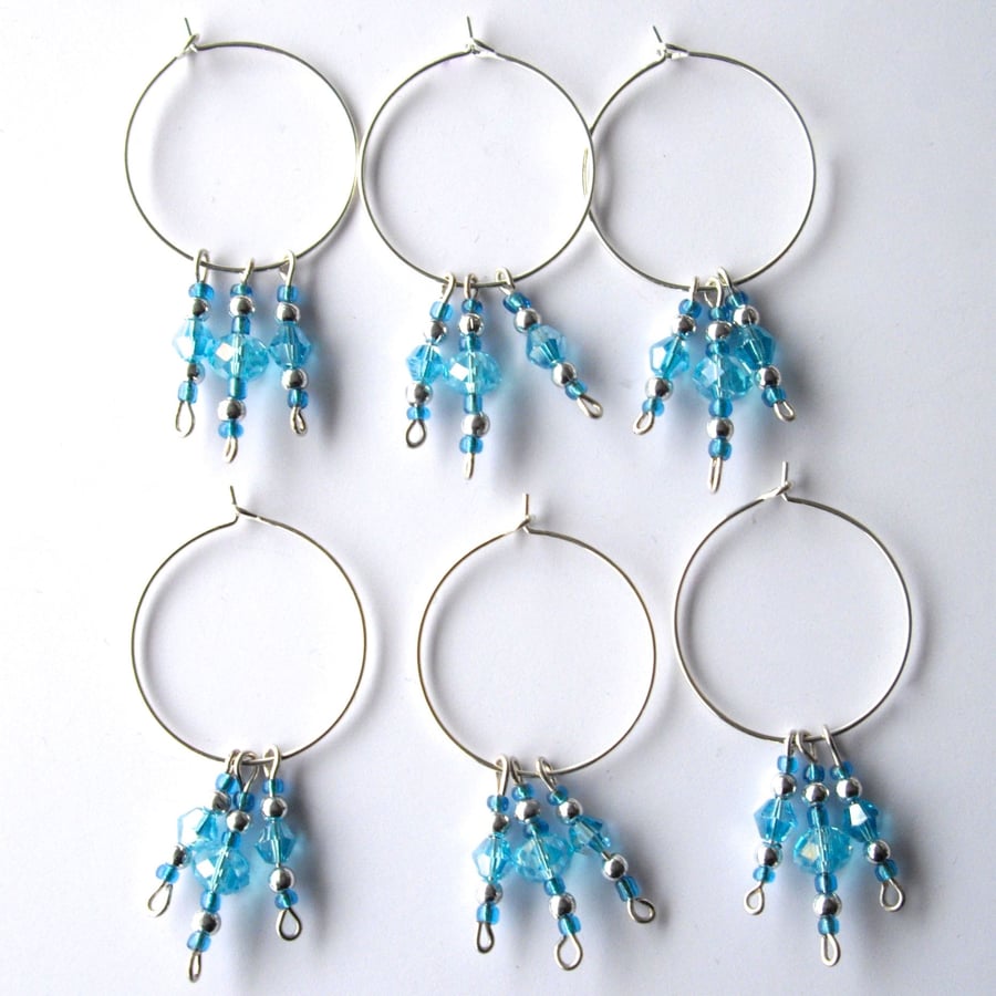 Set of 6 Pale Blue Crystal 'Icicles' Bead Wine Glass Charms - UK Free Post