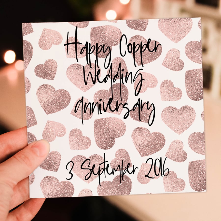 Copper (7th, 9th or 22nd) anniversary card: Personalised with date
