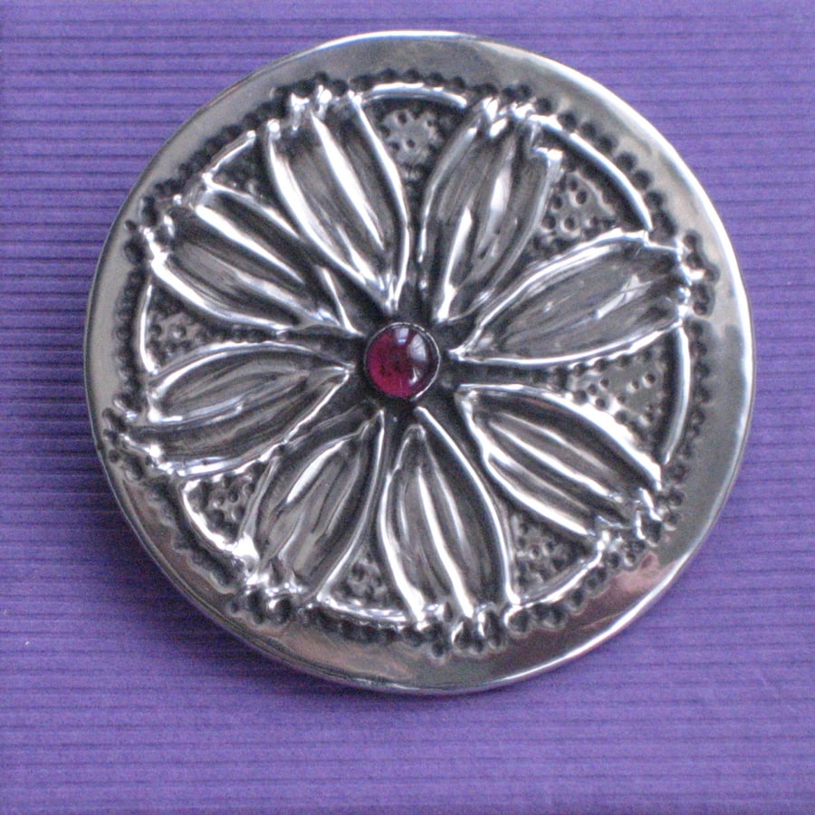  Cosmos Flower Garnet Brooch in Silver  Pewter