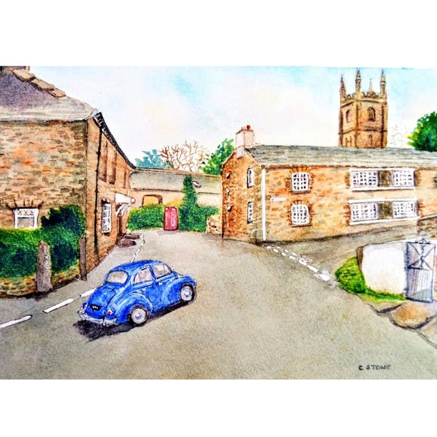 North Hill, Cornwall with Morris Minor car Watercolour Painting