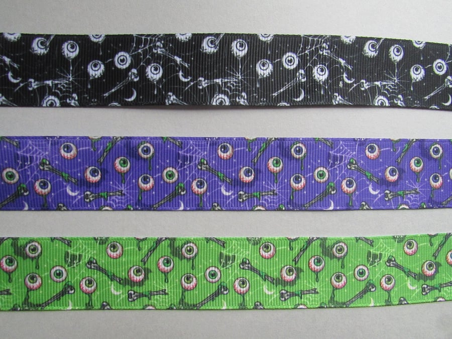 Eyeball 2.5cm Grosgrain Ribbon x 1 metre Black Purple Green