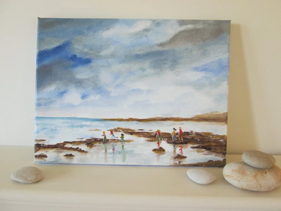 Beach Scene original oil painting. children beach, sky and sea
