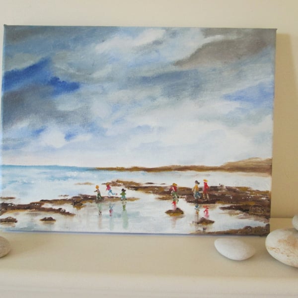 Beach Scene original oil painting. children beach, sky and sea