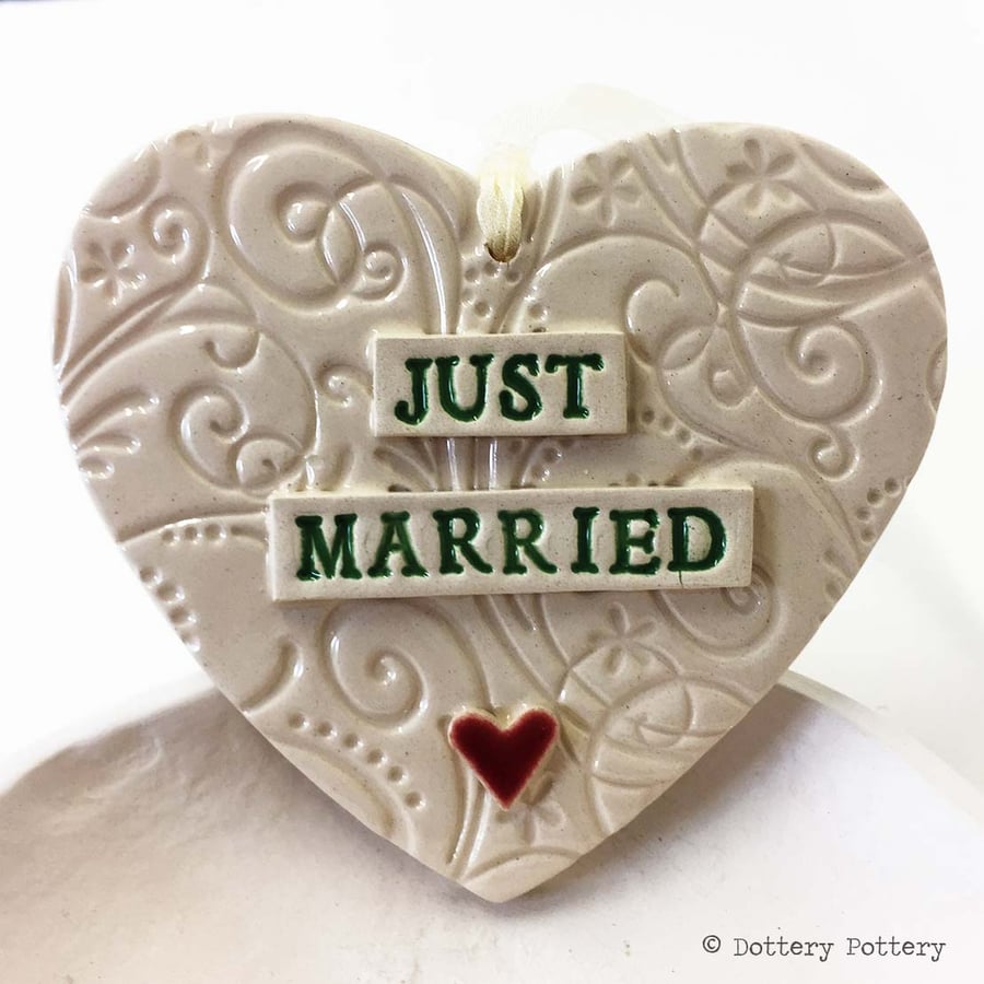 Ceramic Wedding heart decoration Just Married Pottery