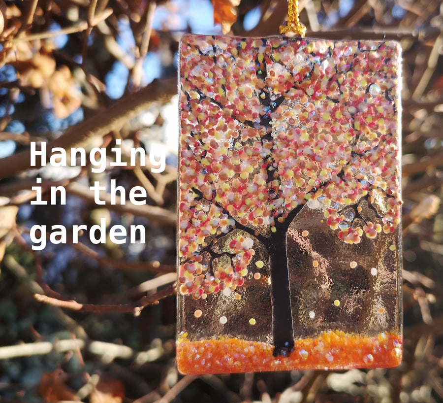 Artist made Fused Glass Autumn Tree Suncatcher.