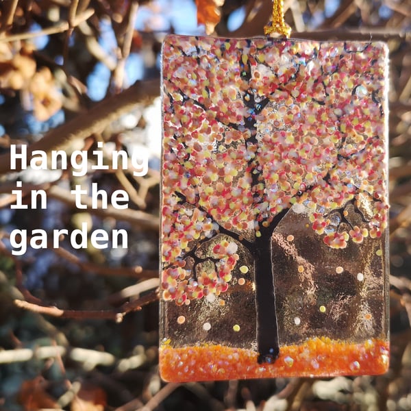 Artist made Fused Glass Autumn Tree Suncatcher.
