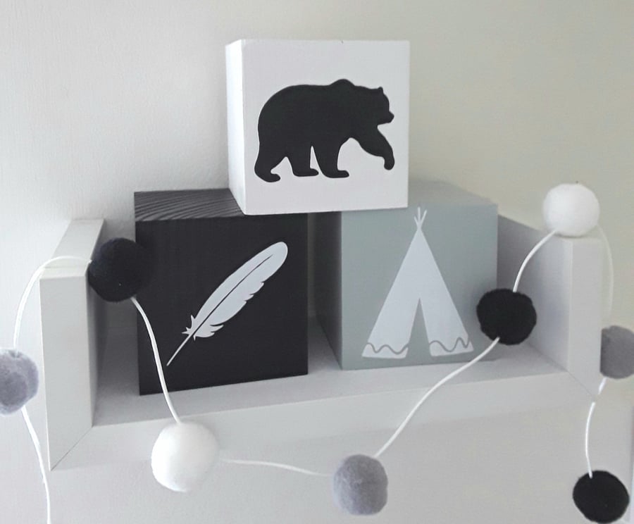 Nordic Style Wood Blocks, Teepee Wood Block, Nordic Nursery Decor, Bear Blocks, 