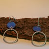 Enamel and silver earrings, silver bead wire hoops and blue vitreous enamel