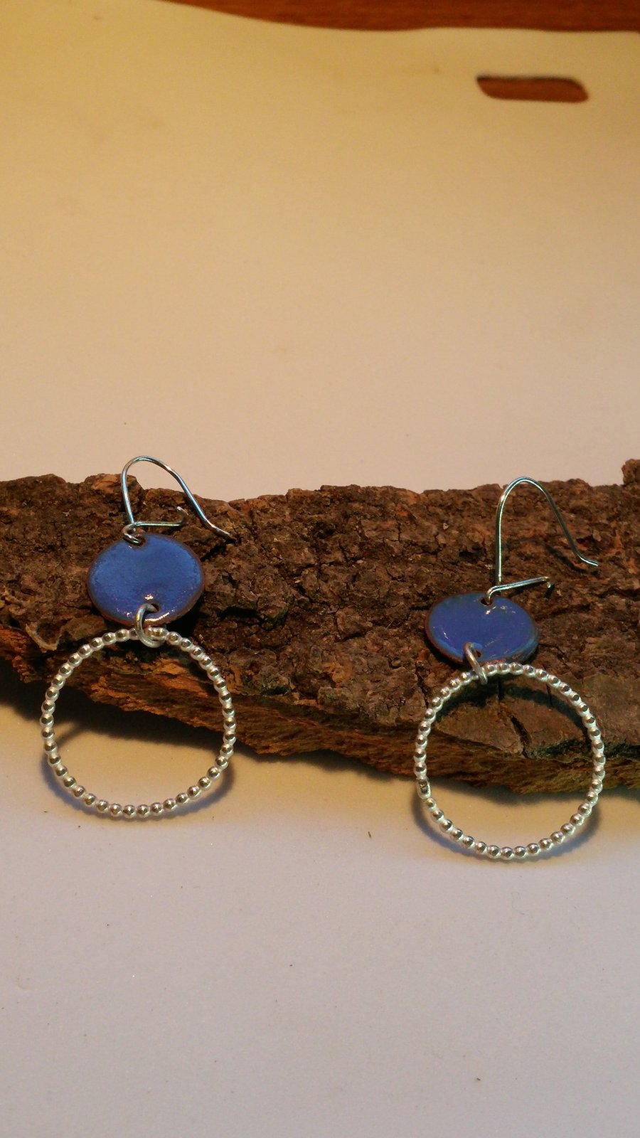 Enamel and silver earrings, silver bead wire hoops and blue vitreous enamel