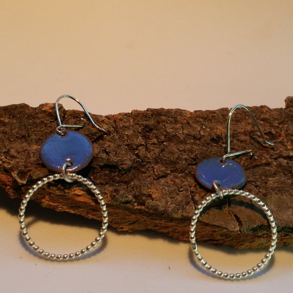 Enamel and silver earrings, silver bead wire hoops and blue vitreous enamel