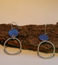 Enamel and silver earrings, silver bead wire hoops and blue vitreous enamel
