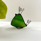 Green stained glass bird with funky hair style, Bird with Attitude home decor