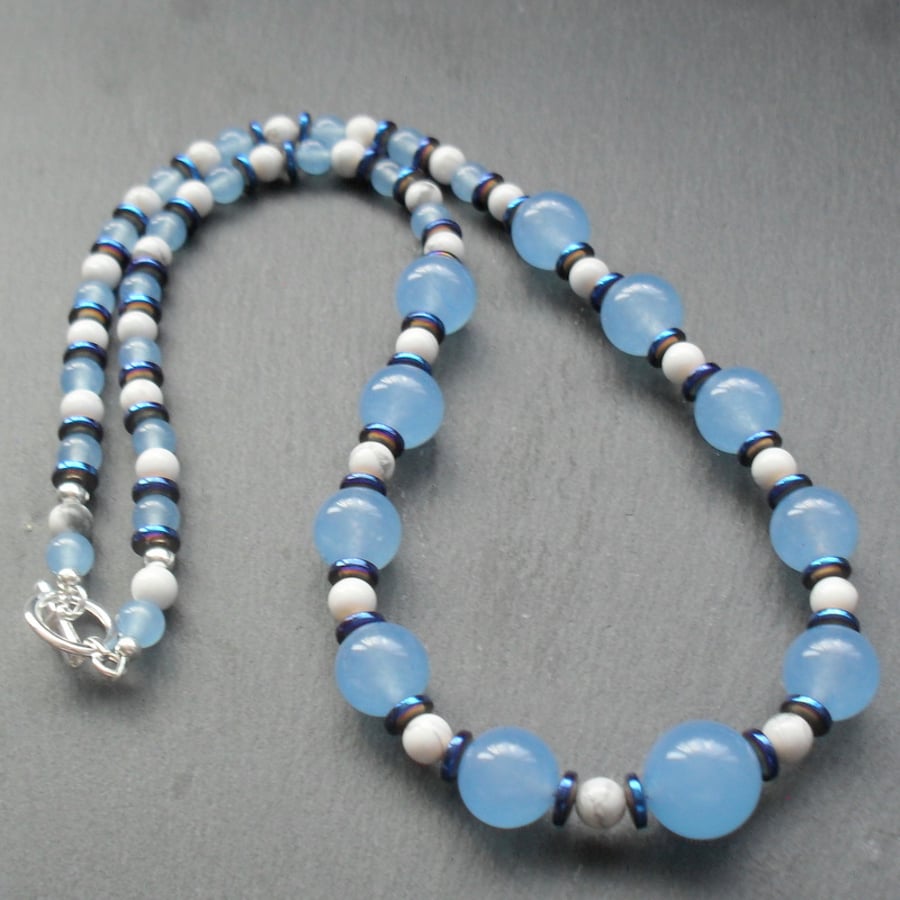 Blue Quartz Howlite and Haematite  Beaded Necklace 