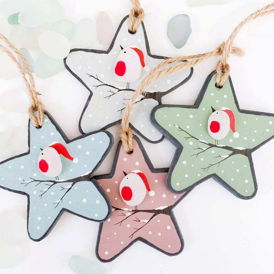 Sea Glass Robin on Slate Star Ornaments - Beach Glass Christmas Decoration