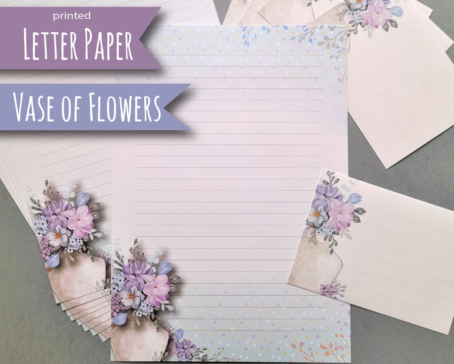 Letter Writing Paper Vase of Flowers, floral notepaper, pretty flower stationery