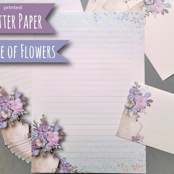 Letter Writing Paper Vase of Flowers, floral notepaper, pretty flower stationery