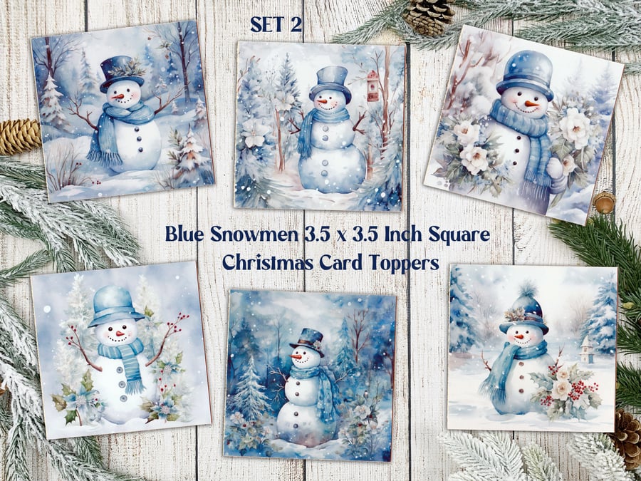 Blue Snowmen Square Christmas Card Toppers for Card Making, Journals, Tags