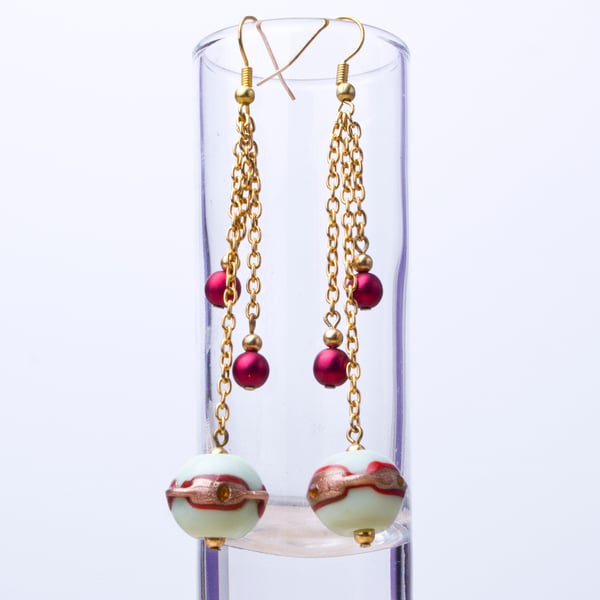  Long gold chain lampwork earrings - statement mint green and satin red dangles