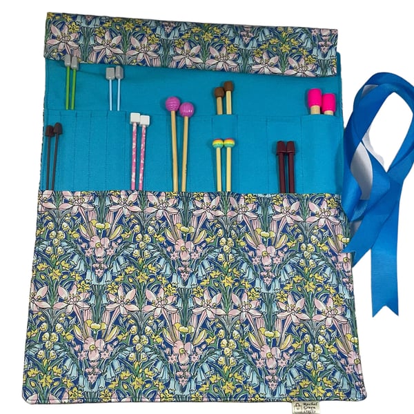 Liberty floral print Straight knitting needle case, needle roll, ribbon tie stor