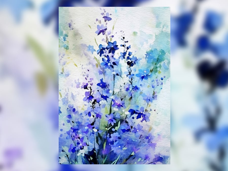 Blue Floral Watercolor Print - Delicate 5x7 Flower Art for Home Decor
