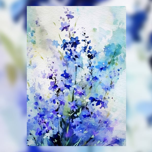 Blue Floral Watercolor Print - Delicate 5x7 Flower Art for Home Decor