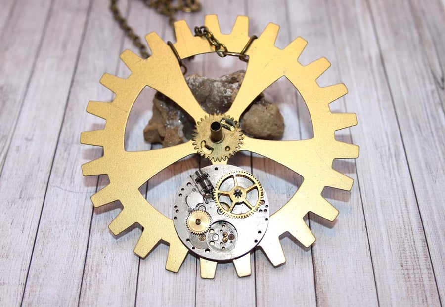 Vintage Steampunk Clockworks Cog Statement Gold Necklace