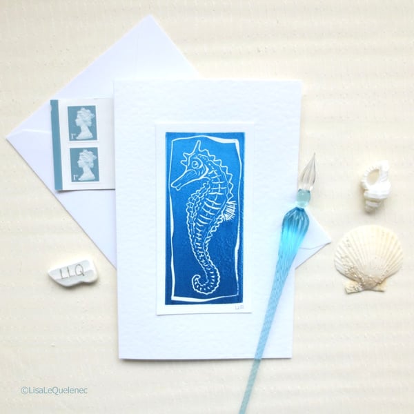 Lino print card of a seahorse blank art card perfect for sailors and mermaids