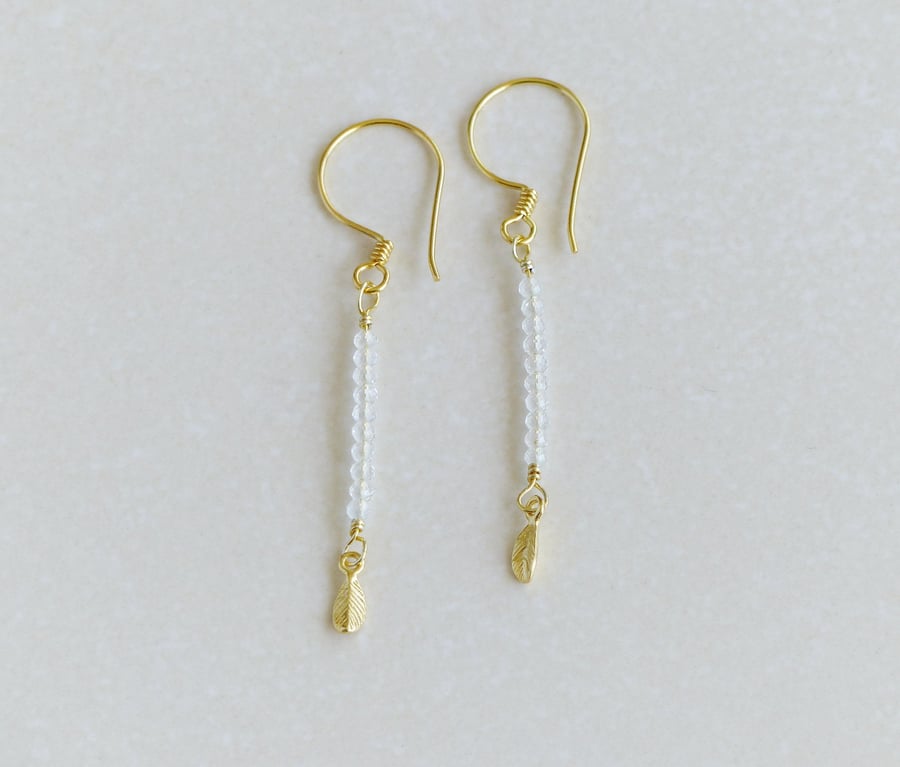 White Topaz Dainty Gold Leaf drop earrings, AA quality natural genuine gemstone 