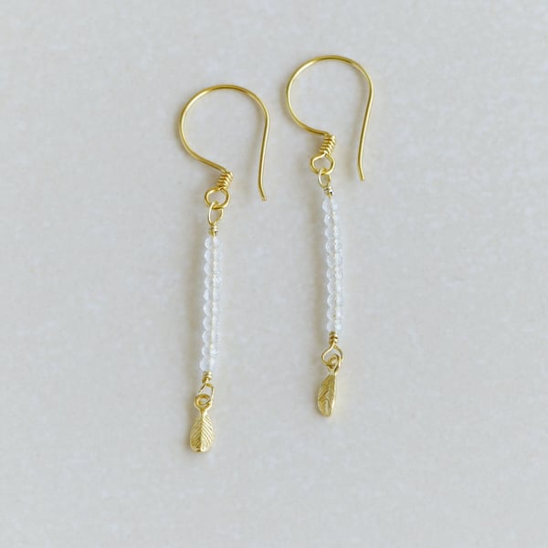 White Topaz Dainty Gold Leaf drop earrings, AA quality natural genuine gemstone 