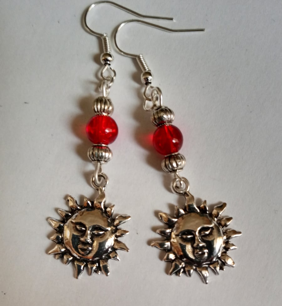 Silver Plate Red Glass Bead Drop Dangle Earrings