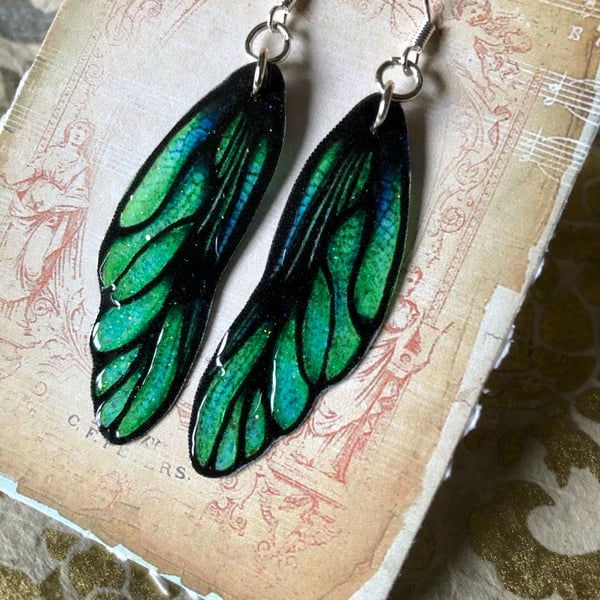Green Dragon Fairy Wing Sterling Silver Earrings