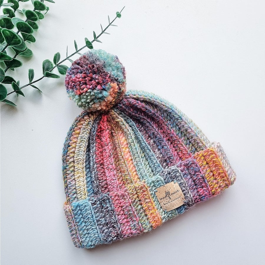 Colourful Chunky Crochet Wool Hat With Pom Pom